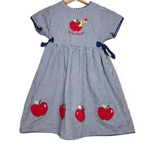 Buster Brown Dress Girls Size 6 Blue Gingham School Vintage Nostalgia Bows Apple